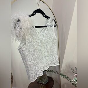White Lace V-Neck Sleeveless Top with feather appliqué